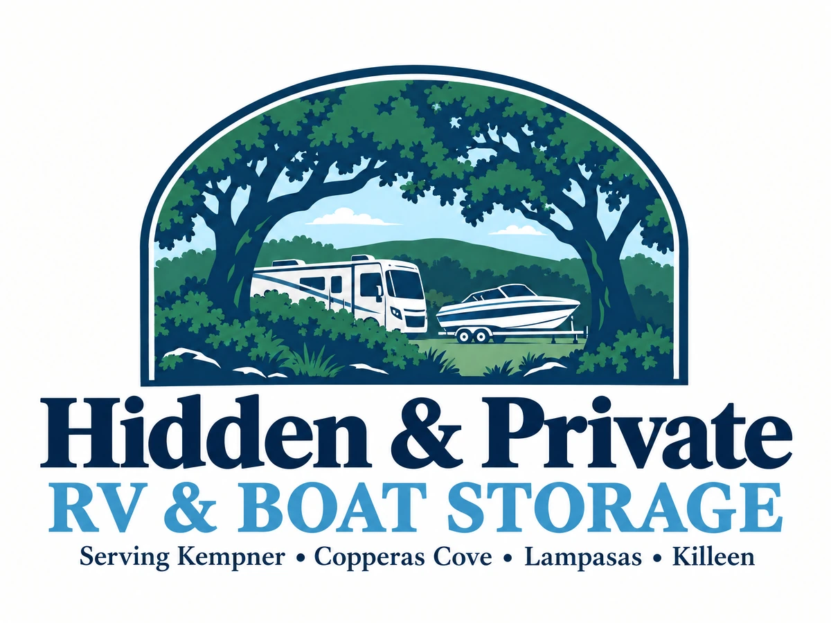 Hidden & Private RV and Boat Storage logo with an RV and boat sheltered by oak trees